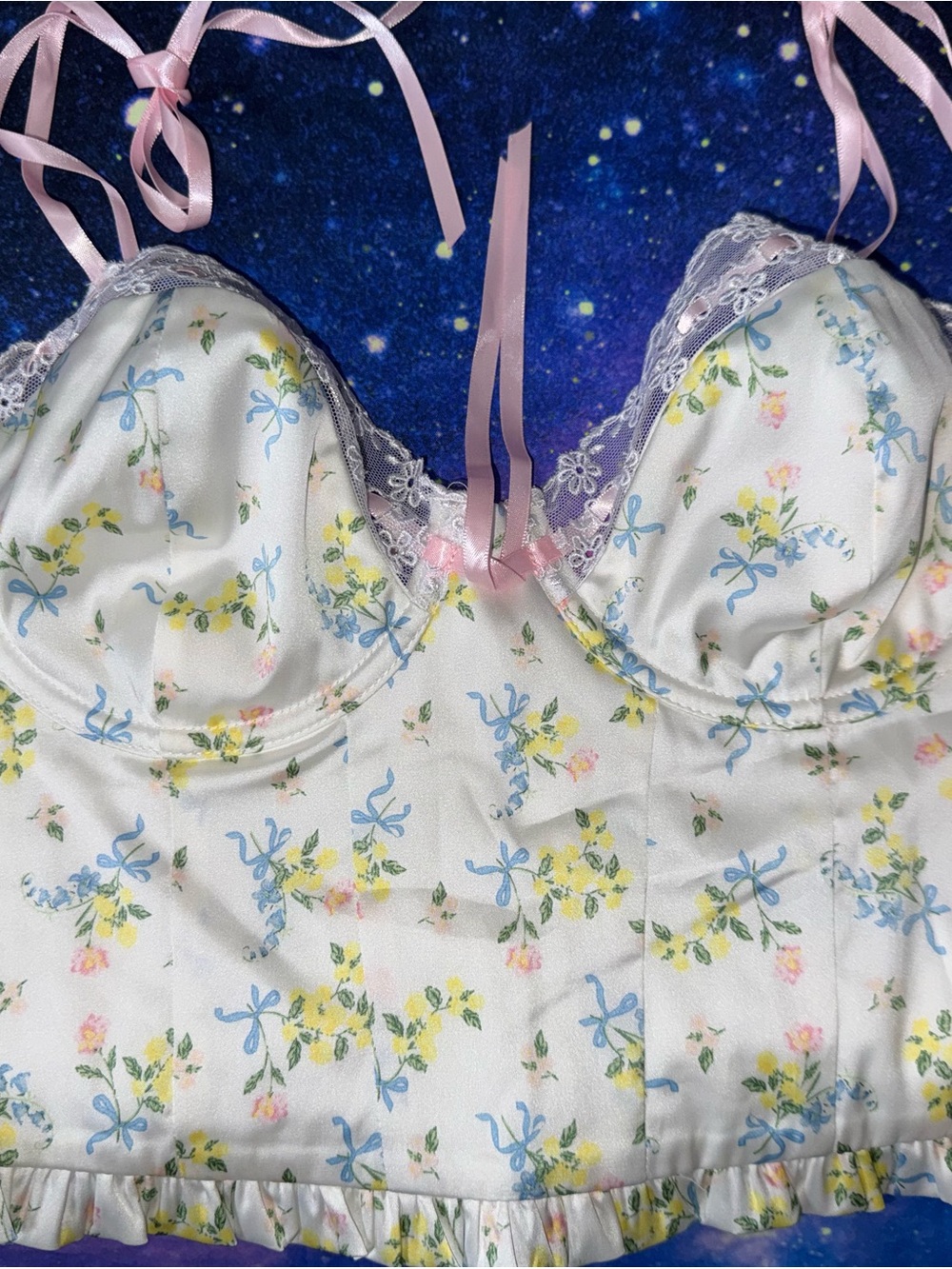Floral Satin Bustier Camisole - Pink Ribbon Detail
